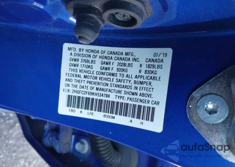 2019 Honda Civic Lx z USA, uszkodzony, nr VIN 2HGFC2F69KH534784